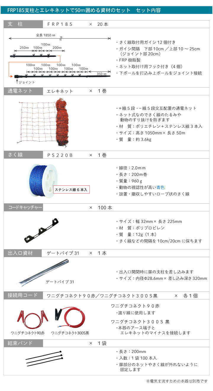 ガイシ付支柱FRP185とエレキネットで50ｍ囲める資材セット　セット内容