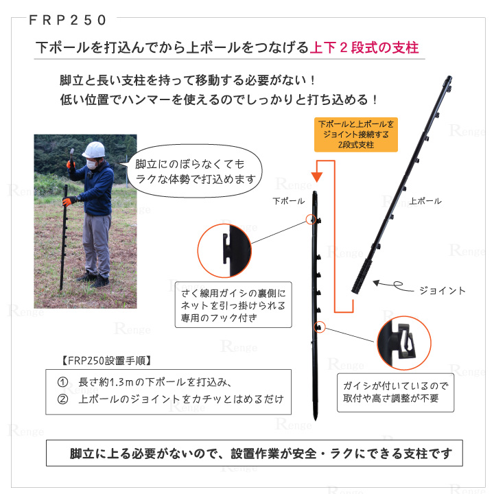 電気さく用 FRP製ガイシ付き支柱 ２段ジョイント式 地上高2ｍ超 【鳥獣害対策】／Ｒｅｎｇｅ（レンゲ）