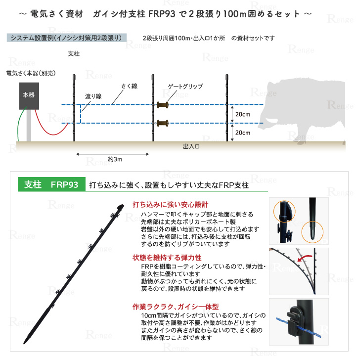 イノシシ対策用　ガイシ付支柱FRP93で2段張り100ｍ囲める資材のセット