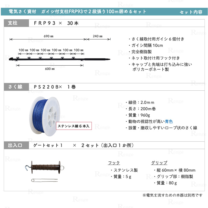 イノシシ対策用　ガイシ付支柱FRP93で2段張り100ｍ囲める資材のセット　セット内容　イノシシ クマ