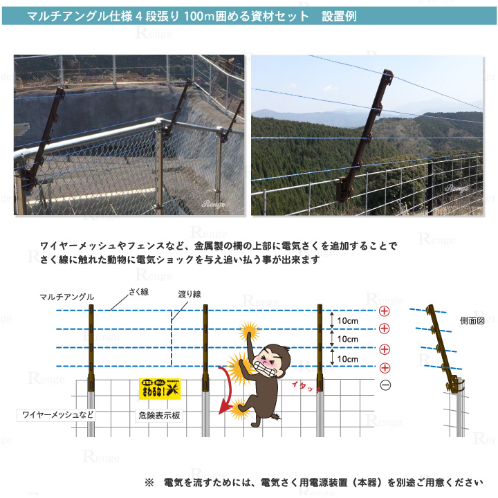 電気さく　マルチアングル仕様4段張り　設置例 サル対策