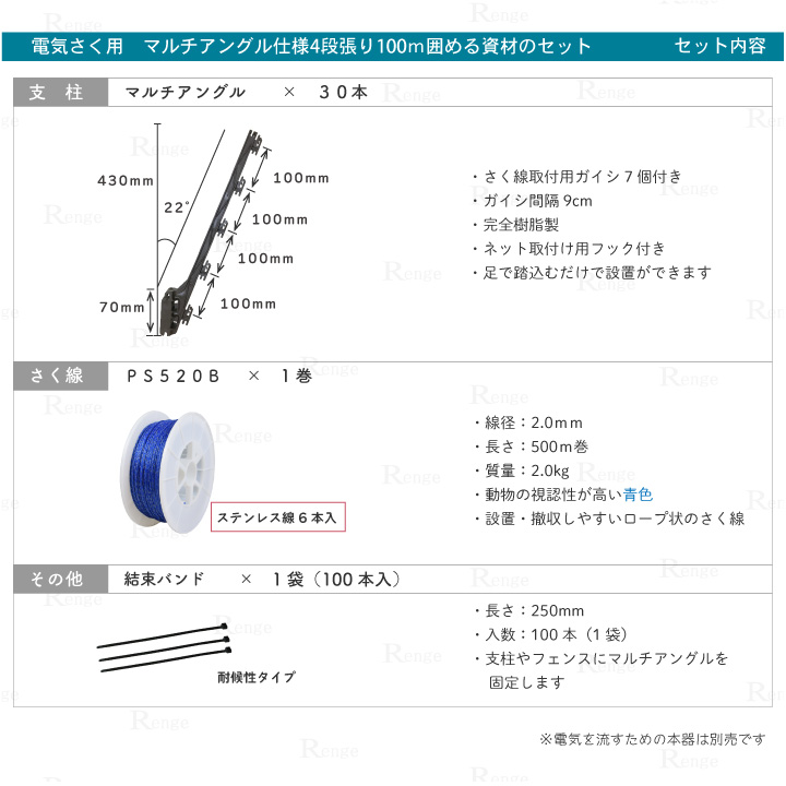 アライグマ ハクビシン 対策　電気さく マルチアングル仕様4段張り セット内容2