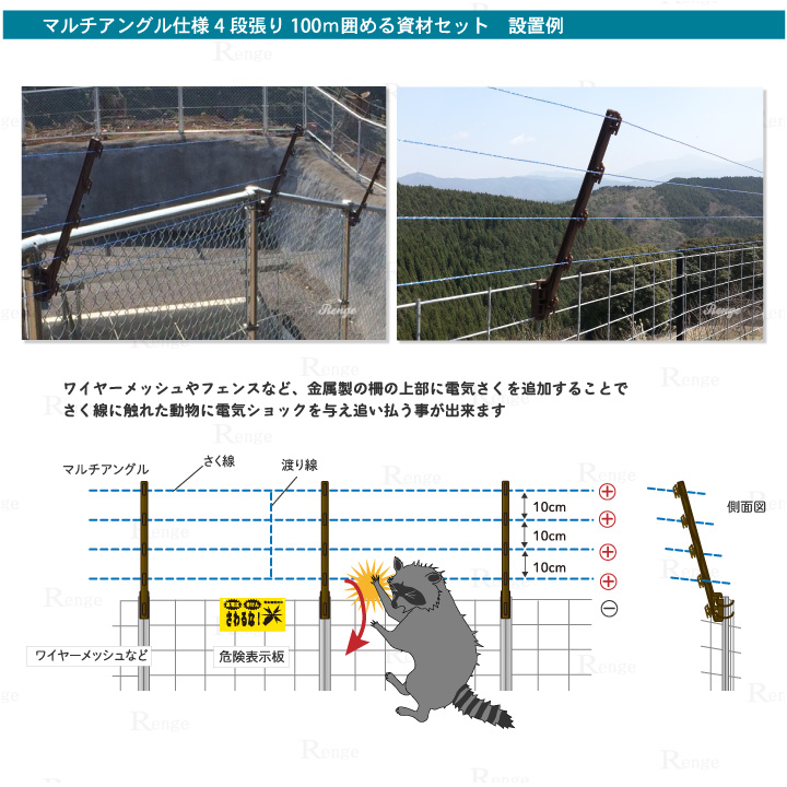 アライグマ ハクビシン 対策　電気さく マルチアングル仕様4段張り　設置例