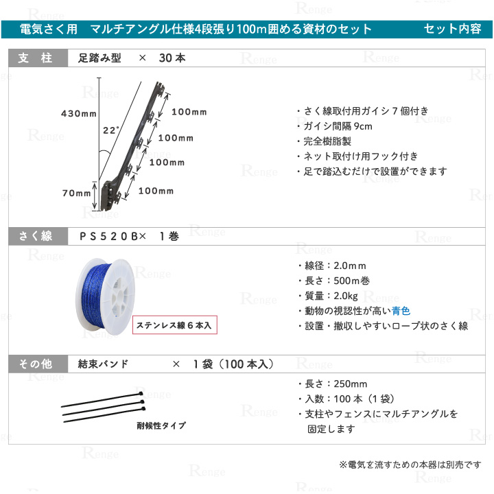 電気さく　マルチアングル仕様4段張り100ｍ囲める資材のセット　セット内容